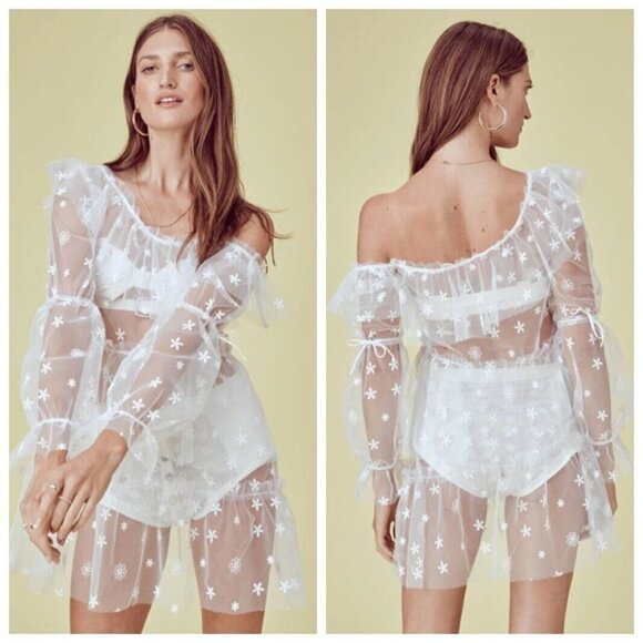 For Love & Lemons Claudia Off Shoulder Tulle Dress Women’s Small Daisy Sheer - Picture 1 of 11